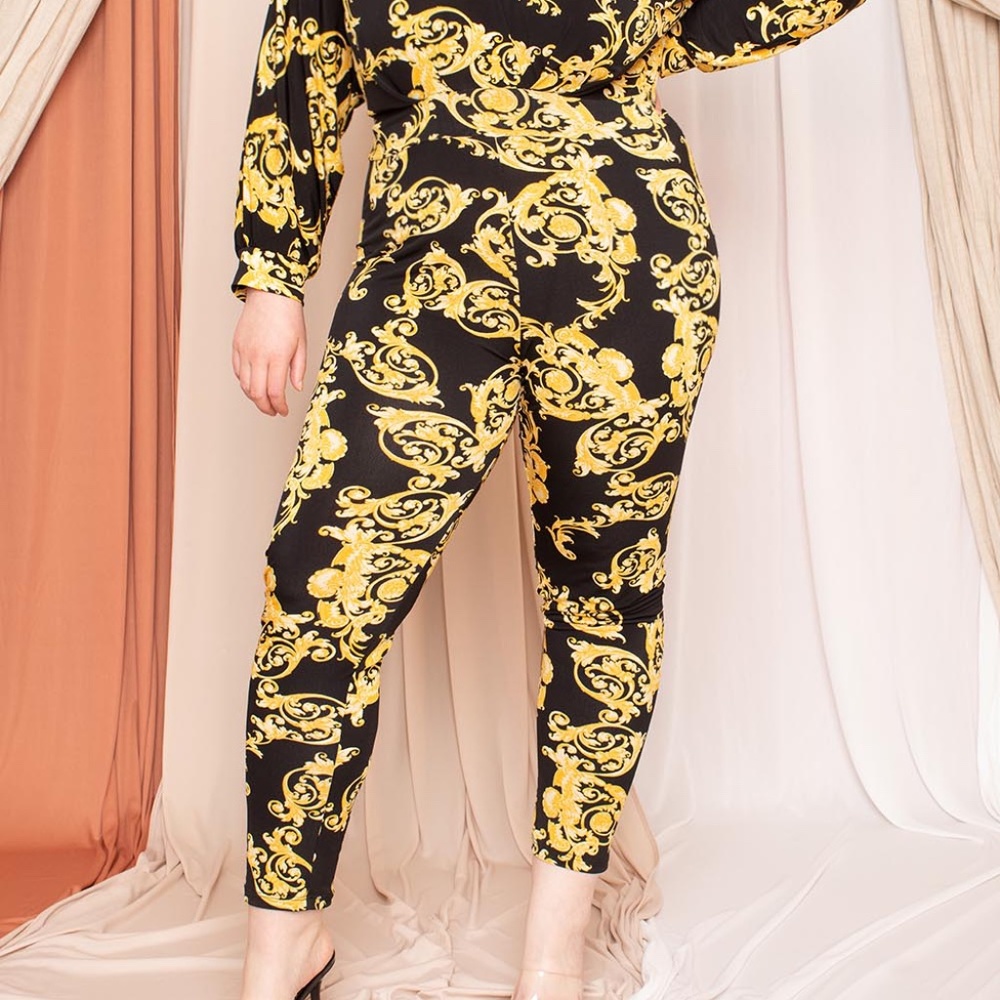 Gold Baroque Leaf Print Jumpsuit Dolman Sleeve - Picture 4 of 5